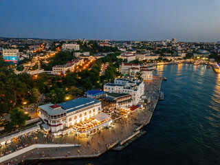 Fototapeta premium Evening Sevastopol panorama, aerial view of the Sevastopol bay and embankment