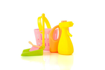 Set of colored toys for cleaning, isolated on white