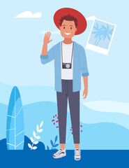 A man on a trip to a tropical island with palm trees. Vector illustration.