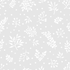 Vector seamless pattern with branches and polka dots with scratched texture. Botanical design for wallpaper, textile, fabric, wrapping paper.