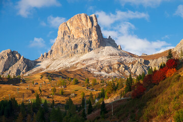 Famous Passo di Giau, Monte Gusela at behind Nuvolau gruppe the Dolomites mountains, near the famous Cortina d’Ampezzo city  in South Tyrol