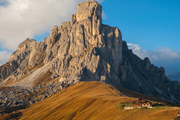 Famous Passo di Giau, Monte Gusela at behind Nuvolau gruppe the Dolomites mountains, near the...
