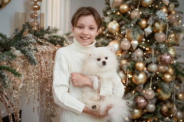 cute boy with a dog in his arms in a light sweater on the background of a Christmas tree