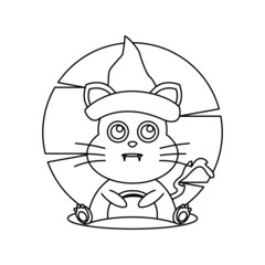 Line art coloring book witch cat