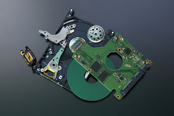Spare parts hdd drive parts on dark background.  Disassembled 2.5 inch hard disk drive, hdd, top...