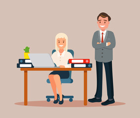 A working woman at a computer, next to which there is another employee. Vector illustration.