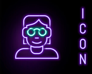 Glowing neon line Hacker or coder icon isolated on black background. Programmer developer working on code, coding, testing, debugging, analysing. Colorful outline concept. Vector