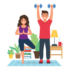 Fototapeta na wymiar Stay home concept. People doing exercise in cozy modern interior. Vector illustration in flat style