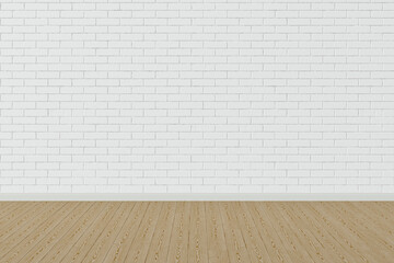 White brick wall. Wood floor. Parquet. Texture background. Empty white interior. Loft. Blank for design. Backdrop. 3D render.