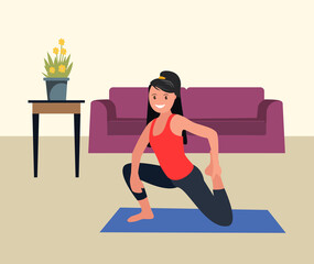 Fototapeta premium The girl is doing exercises. Sports at home. Vector illustration.