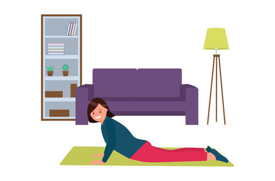 The girl is doing exercises. Sports at home. Vector illustration.