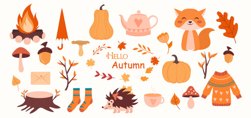 Nordic scandinavian autumn hygge icons. Pumpkin, teapot, cup, fire, leaves, mushrooms, acorn, socks, sweater, branch, fox, hedgehog, letter. Vector