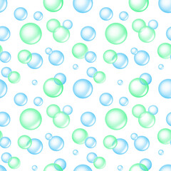 Seamless pattern with beautiful blue and green soap bubbles on a white background. Hygiene print in watercolor style. Art in children's cartoon style. Raster illustration, hand drawing.