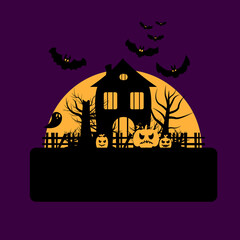 Illustration for the celebration of Halloween. Haunted house near bats, pumpkins and ghosts