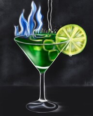 Green burning absinthe with a slice of citrus