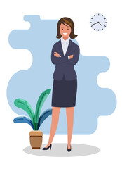 A business woman in a suit with her hands folded on her chest. Vector illustration.