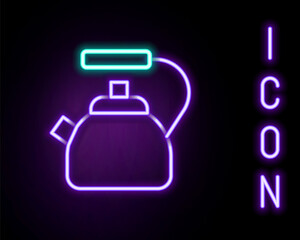 Obraz premium Glowing neon line Kettle with handle icon isolated on black background. Teapot icon. Colorful outline concept. Vector