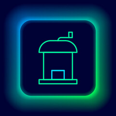 Glowing neon line Manual coffee grinder icon isolated on black background. Colorful outline concept. Vector