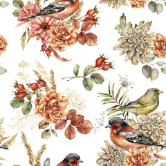 Watercolor autumn seamless pattern of aster, dahlia, rose and birds. Hand painted flowers, chaffinch and greenfinch isolated on white background. Floral illustration for design, fabric or background.