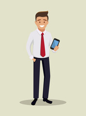 The businessman shows the phone. Vector illustration.