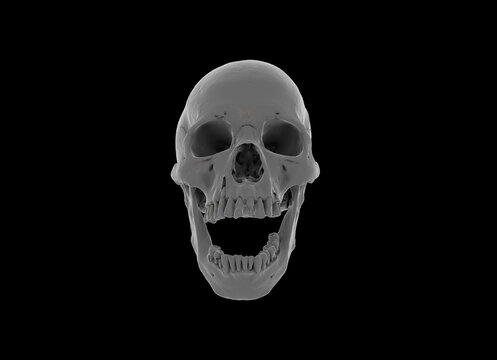 A human skull with a wide-open mouth on saturated colors on a black background. Image for printing. The concept of death, horror. Spooky Halloween symbol, virus.  3d render illustration.