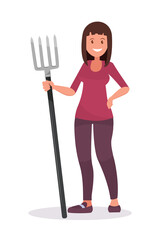 Agricultural work. A woman is working in the garden with a pitchfork. Vector illustration.
