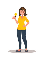 An illustration of a woman holding a light bulb in her hand. Vector illustration.