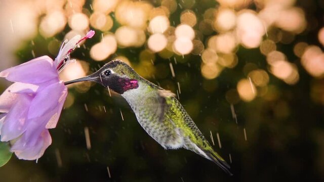 Male hummingbird visiting flower on rainy day, slow motion from 120FPS with pan and zoom