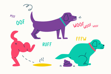 Cute dog pissing and pooping. Pet is peeing. Set of vector illustrations.
