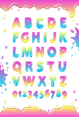 Font of bubbles. Sweet alphabet. Letters and numbers vector poster