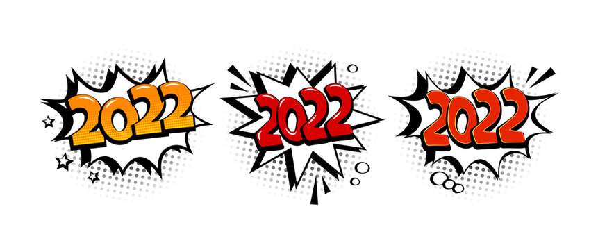 2022 comic speech bubble New Year vector set icon isolated on white background. Comic sound effect, stars and halftone dots shadow in pop art style. Holiday illustration