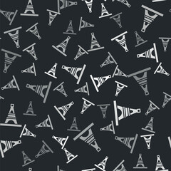 Grey Eiffel tower icon isolated seamless pattern on black background. France Paris landmark symbol. Vector