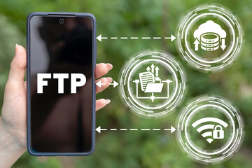 Concept of FTP File Transfer Protocol. Data Transmission and Internet Communication Technology.