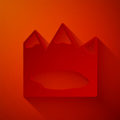 Paper cut Canadian landscape with mountains and lake icon isolated on red background. Paper art style. Vector