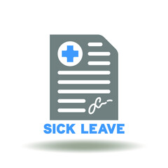 Vector illustration of sheet of document with medical cross and sign. Sick leave symbol.