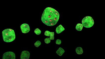 Rolling hot green-gold dices under black-white flash background. 3D CG. 3D illustration. 3D high quality rendering.