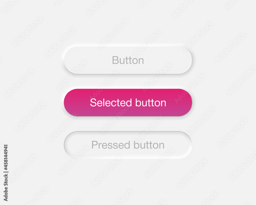 Wall mural neumorphic interface buttons set. selected and pressed button in neumorphism design isolated on gray