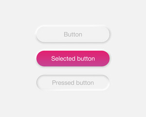 Neumorphic interface buttons set. Selected and pressed button in neumorphism design isolated on gray background. Vector EPS 10