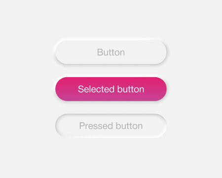 Neumorphic interface buttons set. Selected and pressed button in neumorphism design isolated on gray background. Vector EPS 10