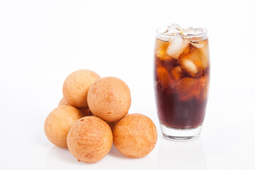 Tasty Bunuelos With Soda Drink; Photo on White Background