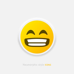 Obraz premium Gritting his teeth laughing. Neumorphic emoji vector icon. Positive emoticon in neumorphism style isolated on gray background. Vector EPS 10