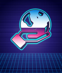 Retro style Human hand holding Earth globe icon isolated futuristic landscape background. Save earth concept. 80s fashion party. Vector