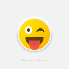 Neumorphic emoji vector icon. Positive emoticon with tongue in neumorphism style isolated on gray background. Vector EPS 10