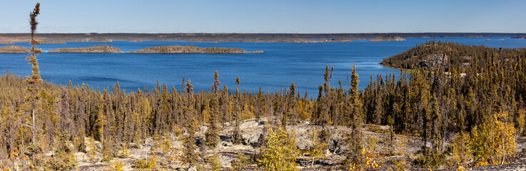 Panoramic photo of Prelude Lake near Yellowknife in Canada on a beautiful clear sunny day