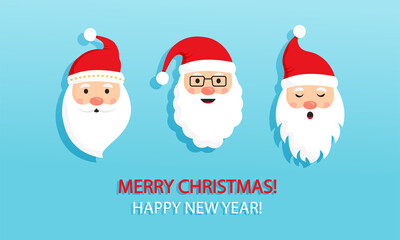Santa Claus, Christmas and New Year greeting card. Holiday banner with cute characters. Cartoon illustration