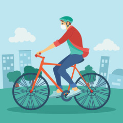 Man wearing medical mask riding a bicycle in the city
