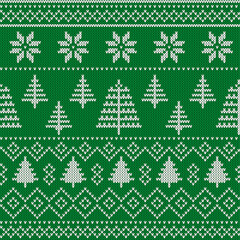 Knitted green Christmas background, ornament with snowflakes and christmas trees.  Seamless pattern. Texture for fabric, wrapping, wallpaper. Decorative print. - 458146325