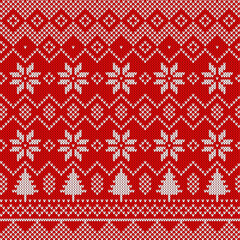 Fototapeta na wymiar Knitted red Christmas background, ornament with snowflakes. Seamless pattern. Texture for fabric, wrapping, wallpaper. Decorative print.