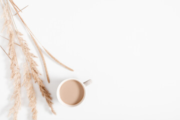 Autumn creative composition. Beige reeds branches bouquet, cup of coffee on white background. Fall concept. Autumn background. Flat lay, top view, copy space