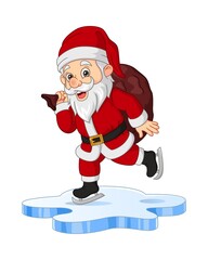 Cartoon santa claus with sack playing ice skating